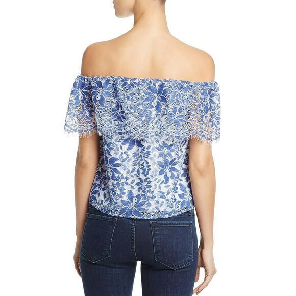 COOPER & ELLA | sz XS Women's Blue/White Floral Lace Off Shoulder Ruffle Blouse - Picture 4 of 6